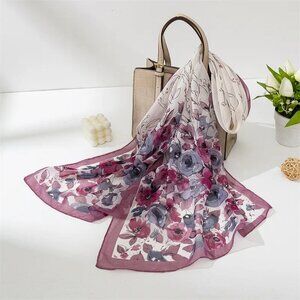 2/$30 Floral Sheer Chiffon Scarf Purple Grey Rose Print Lightweight Wrap Long